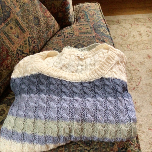 POL Cable Weaving Oversized 3/4 Sleeve Crew Neck Sweater in Blue Multi sz small - Picture 5 of 9